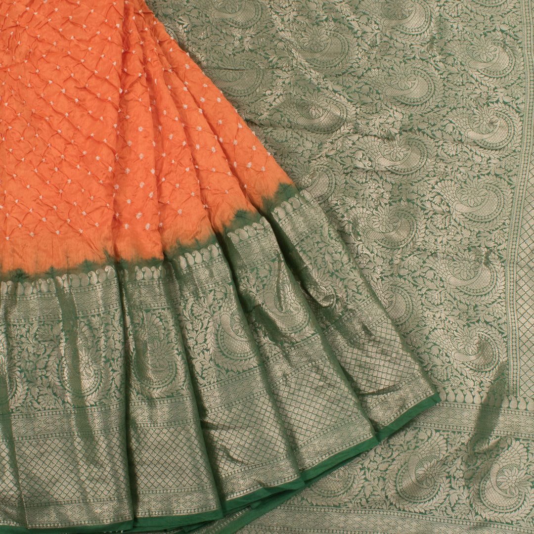 Handloom Bandhani Pure Silk Kanjivaram Saree with Silver Zari Floral Border 