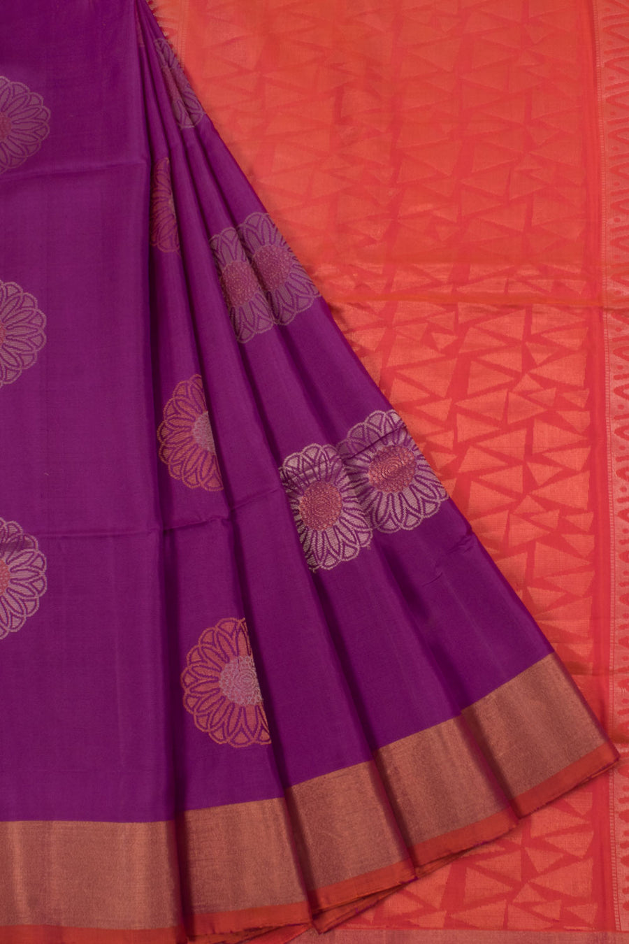 Handloom Kanjivaram Soft Silk Saree with Silver, Copper Coloured Zari Floral Motifs
