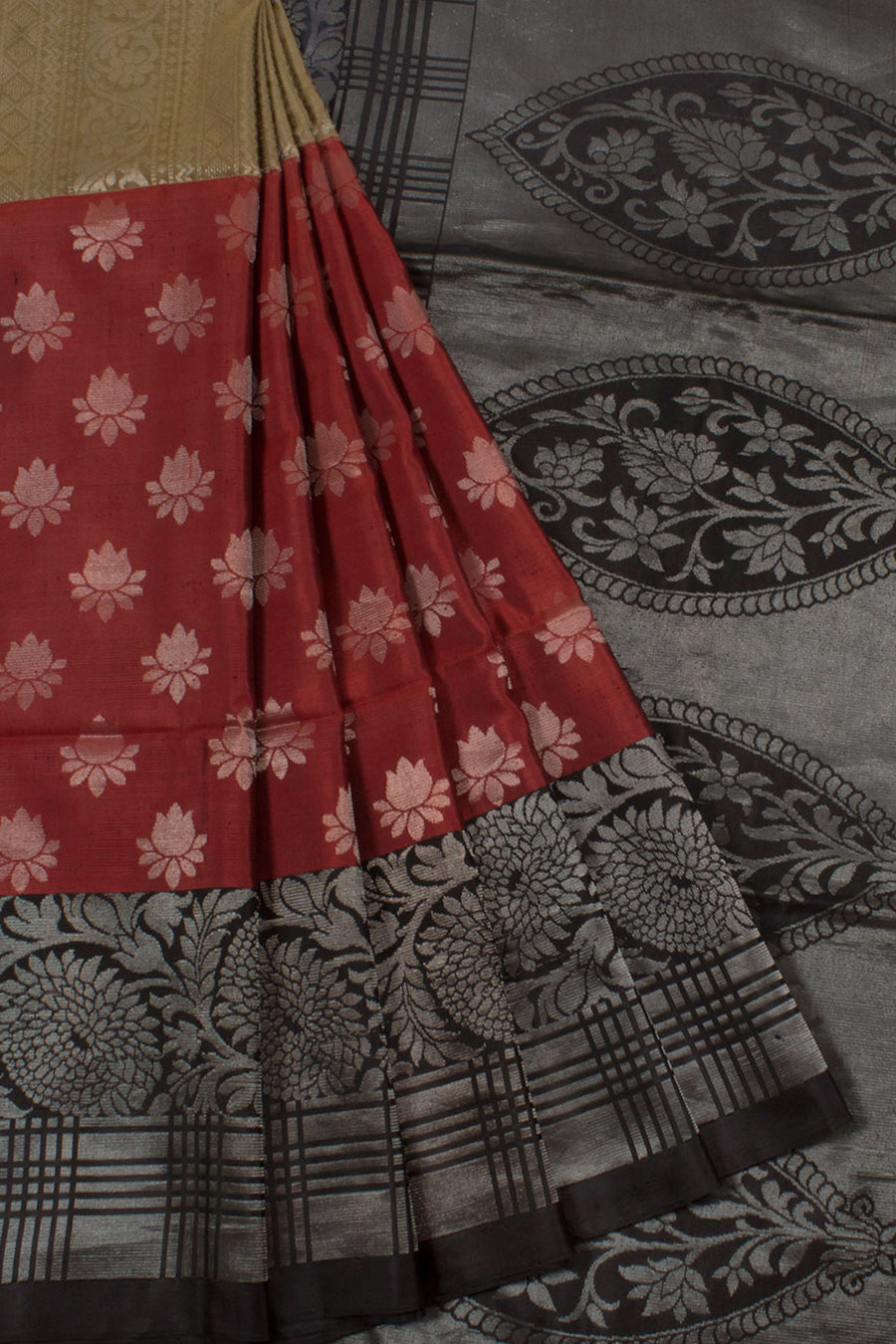 Handloom Half and Half Kanjivaram Soft Silk Saree with Silver Floral Motifs