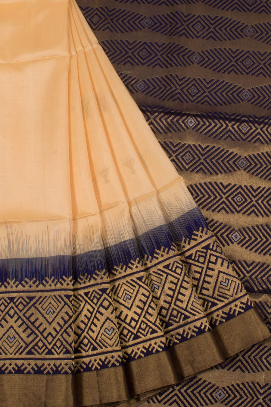 Handloom Kanjivaram Soft Silk Saree with Geometric Motifs and Silver, Gold Zari Motifs