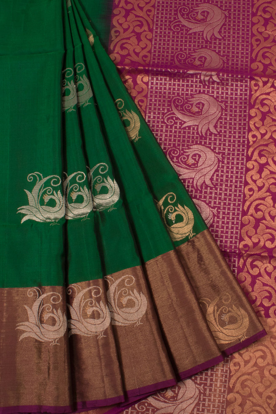 Handloom Kanjivaram Soft Silk Saree with Peacock Motifs and Tissue Border
