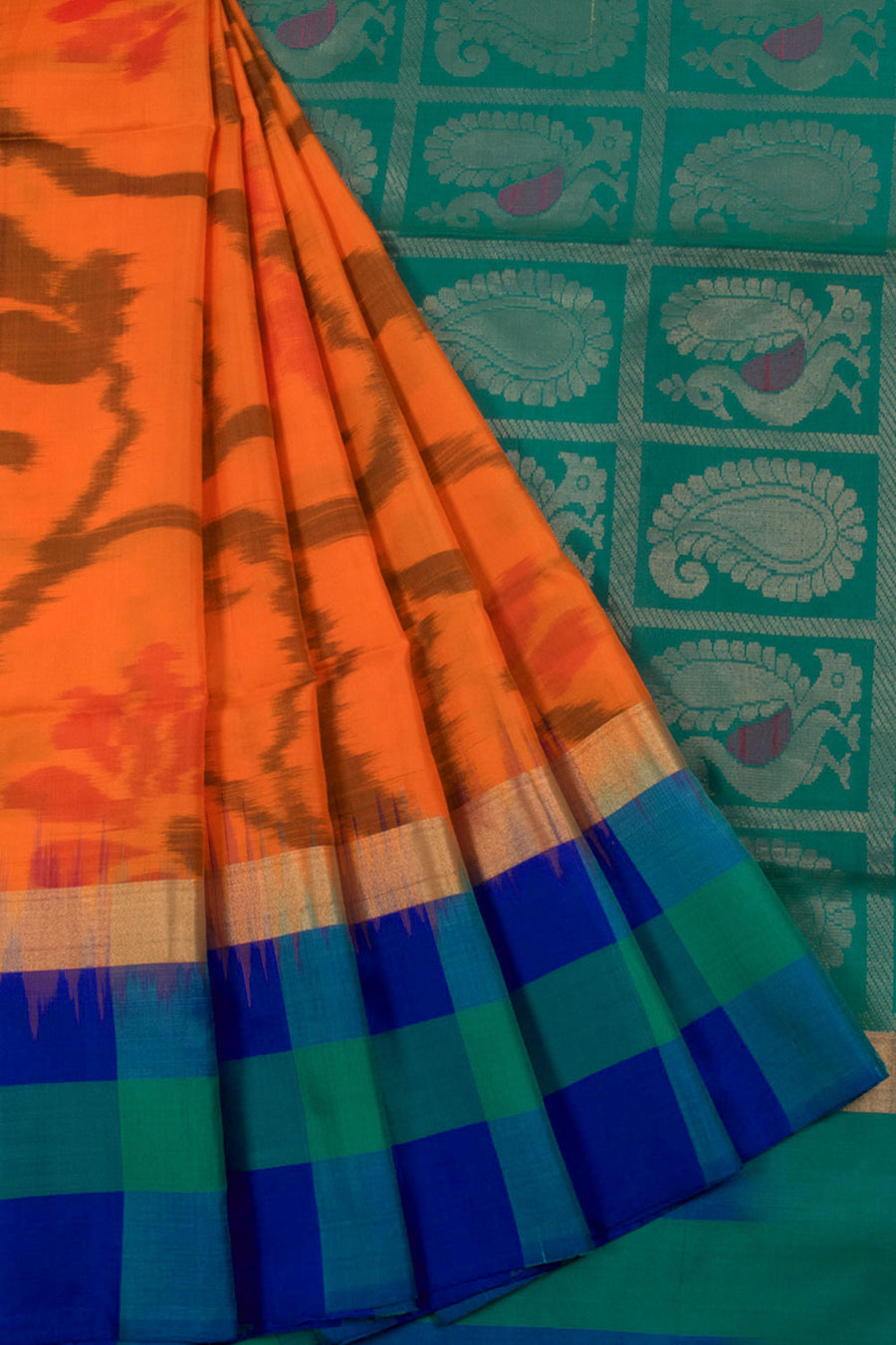 Handloom Kanjivaram Soft Silk Saree with Ikat Floral Design, Checks Border and Peacock, Paisley Pallu