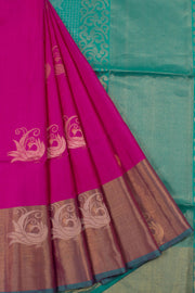 Handloom Kanjivaram Soft Silk Saree with Peacock Motifs and Tissue Border