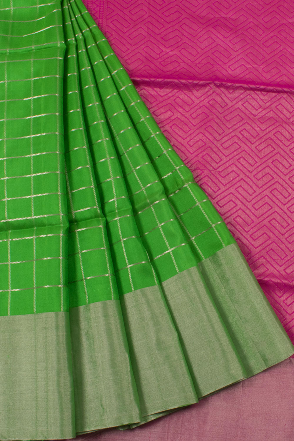 Handloom Kanjivaram Soft Silk Saree with Checks Design and Tissue Border