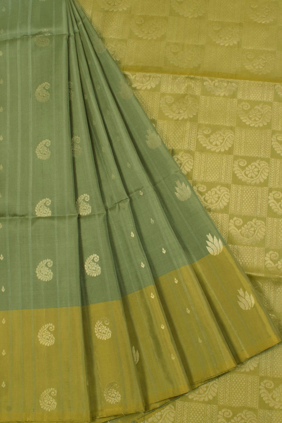Handloom Kanjivaram Soft Silk Saree with Paisley Floral Motifs and Stripes Design