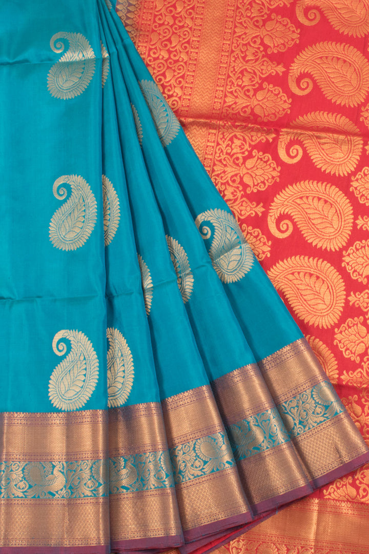 Handloom Kanjivaram Soft Silk Saree with Paisley Motifs and Peacock Border