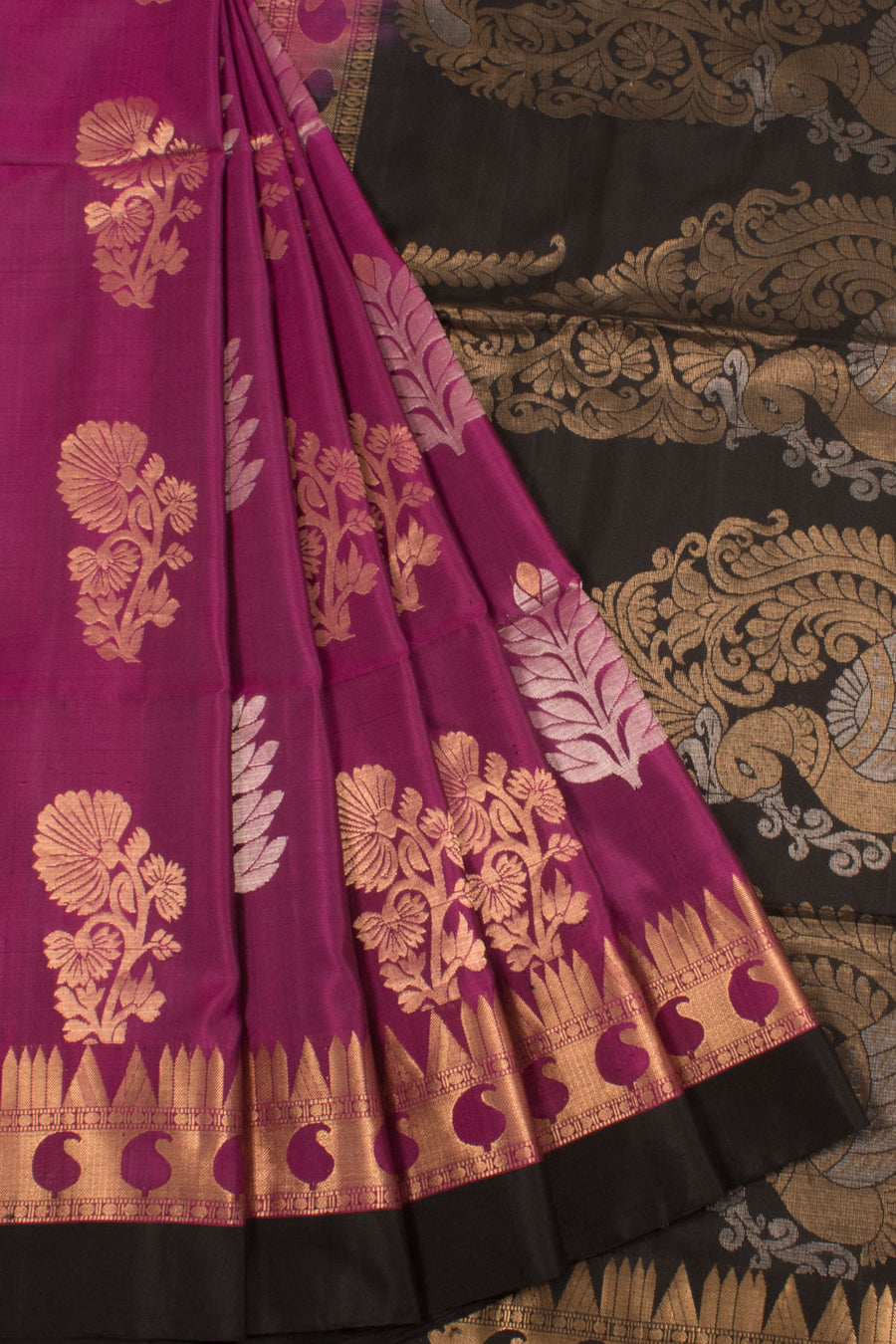 Handloom Kanjivaram Soft Silk Saree with Floral Motifs, Paisley Border and Peacock Pallu