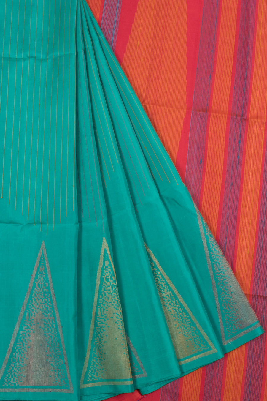 Handloom Kanjivaram Soft Silk Saree with Stripes Design and Geometric Border