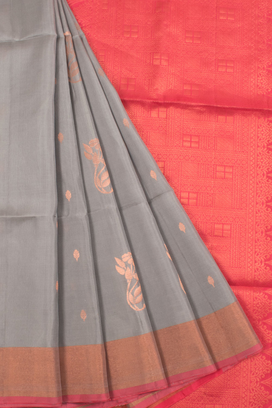 Handloom Kanjivaram Soft Silk Saree with Floral Motifs and Geometric Pallu