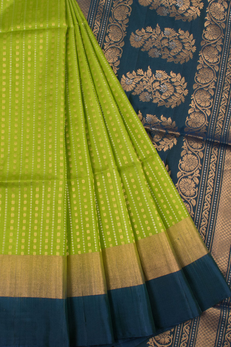 Handloom Kanjivaram Soft Silk Saree with All over Gold, Silver Zari Design