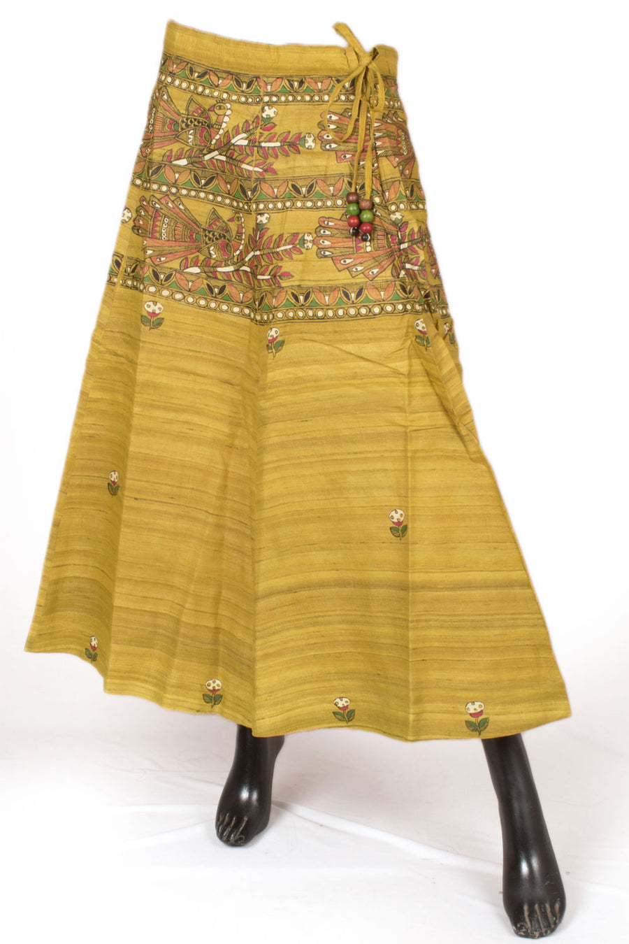 Hand Painted Madhubani Bhagalpur Tussar Silk Skirt with Peacock Design