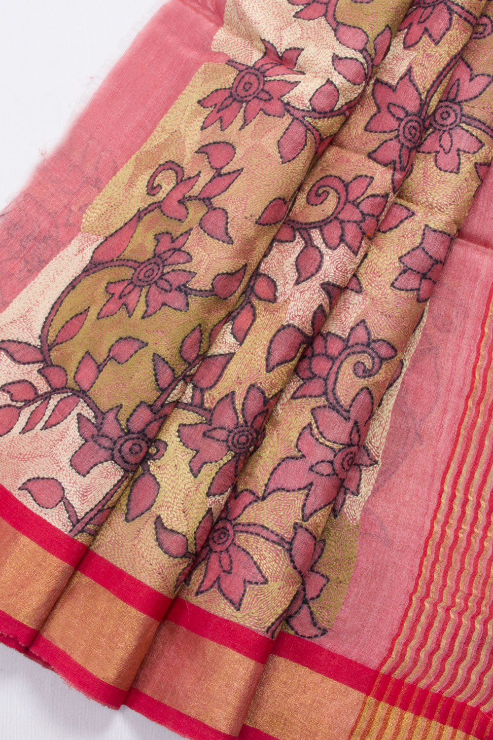 Onion Pink Kantha Embroidered Silk Cotton Blouse Material 10061889
