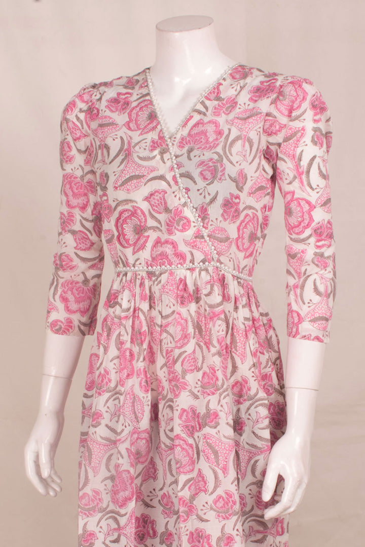 Hand Block Printed Cotton Dress with Bead Work Floral Design and Side Zip
