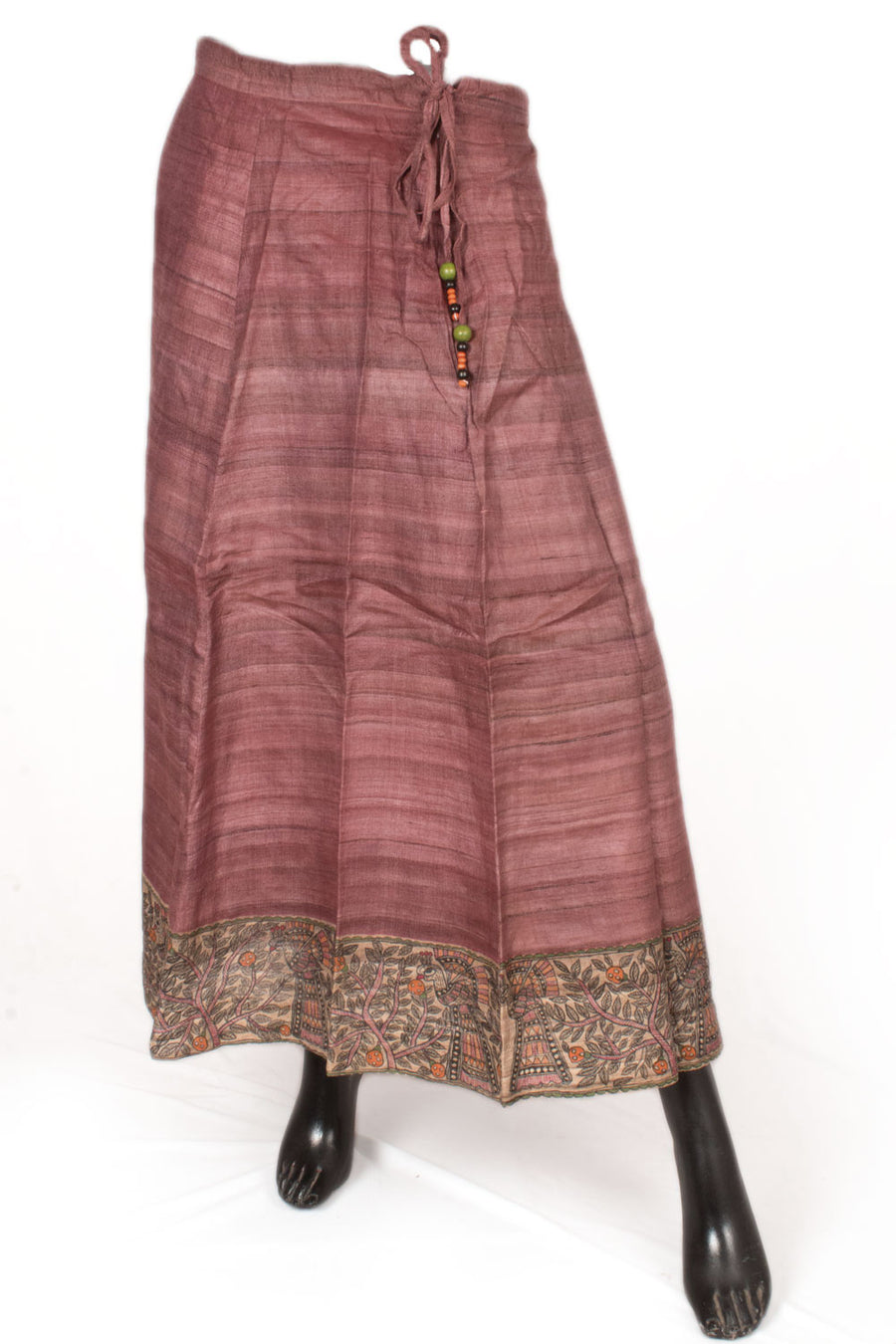 Hand Painted Madhubani Bhagalpur Tussar Silk Skirt with Peacock Motifs