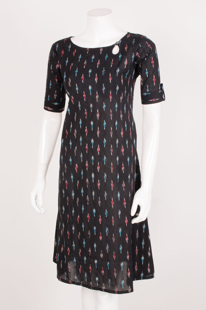 Handloom Ikat A-line Cotton Dress with keyhole boat neck, roll-up button sleeve and with Pocket