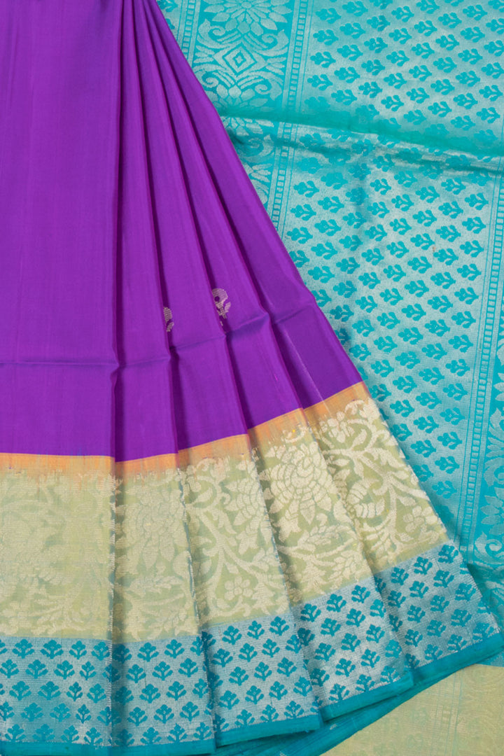 Violet Handloom Kanjivaram Soft Silk Saree with Floral Motifs, Floral Border and Pallu