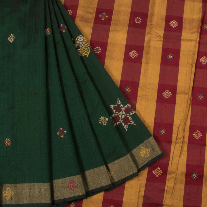 Hand Embroidered Tussar Silk Saree with Floral, Peacock Motifs and Tissue Border