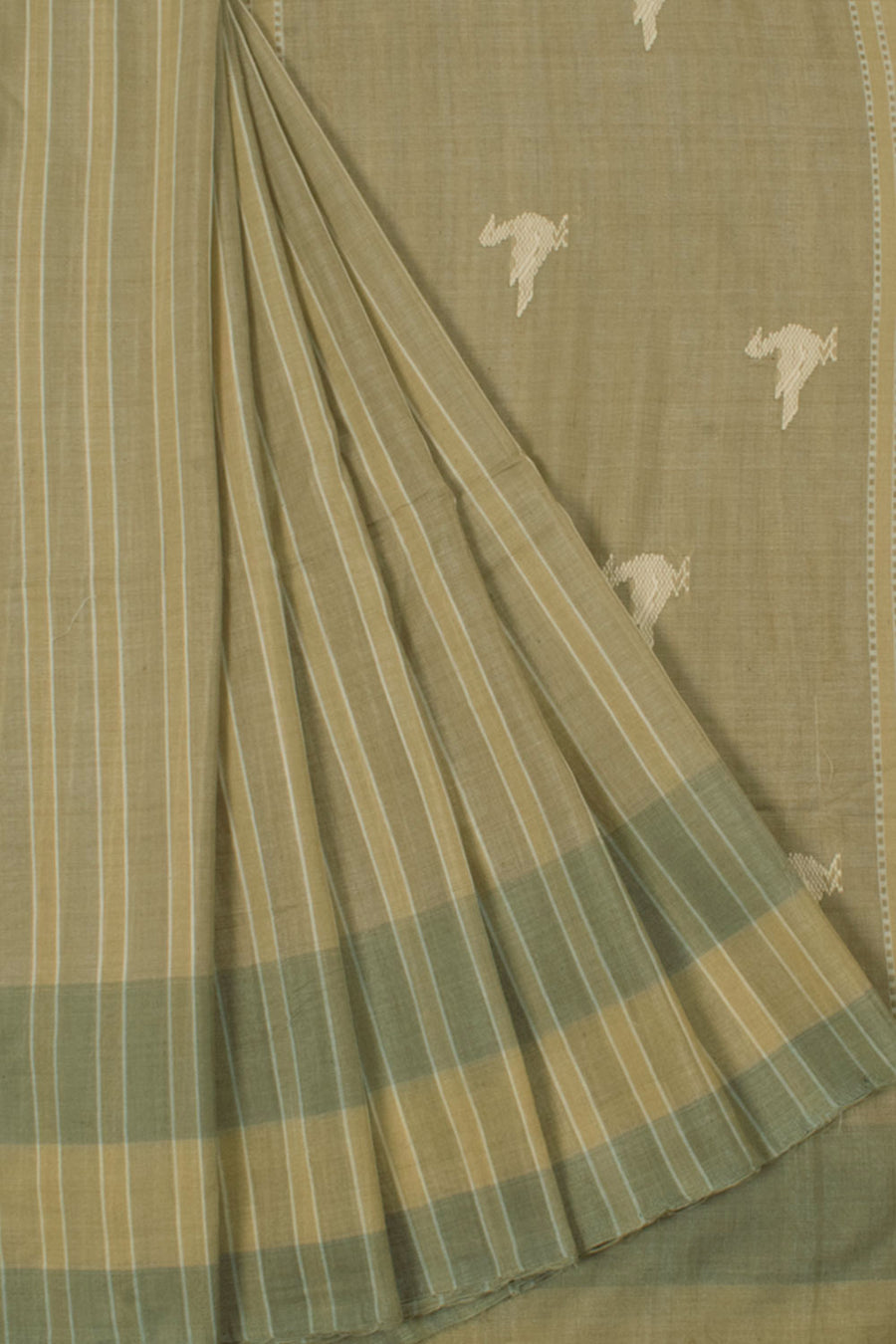 Handloom Natural Dye Tussar Cotton Saree with Stripes Design and Birds Motifs Pallu
