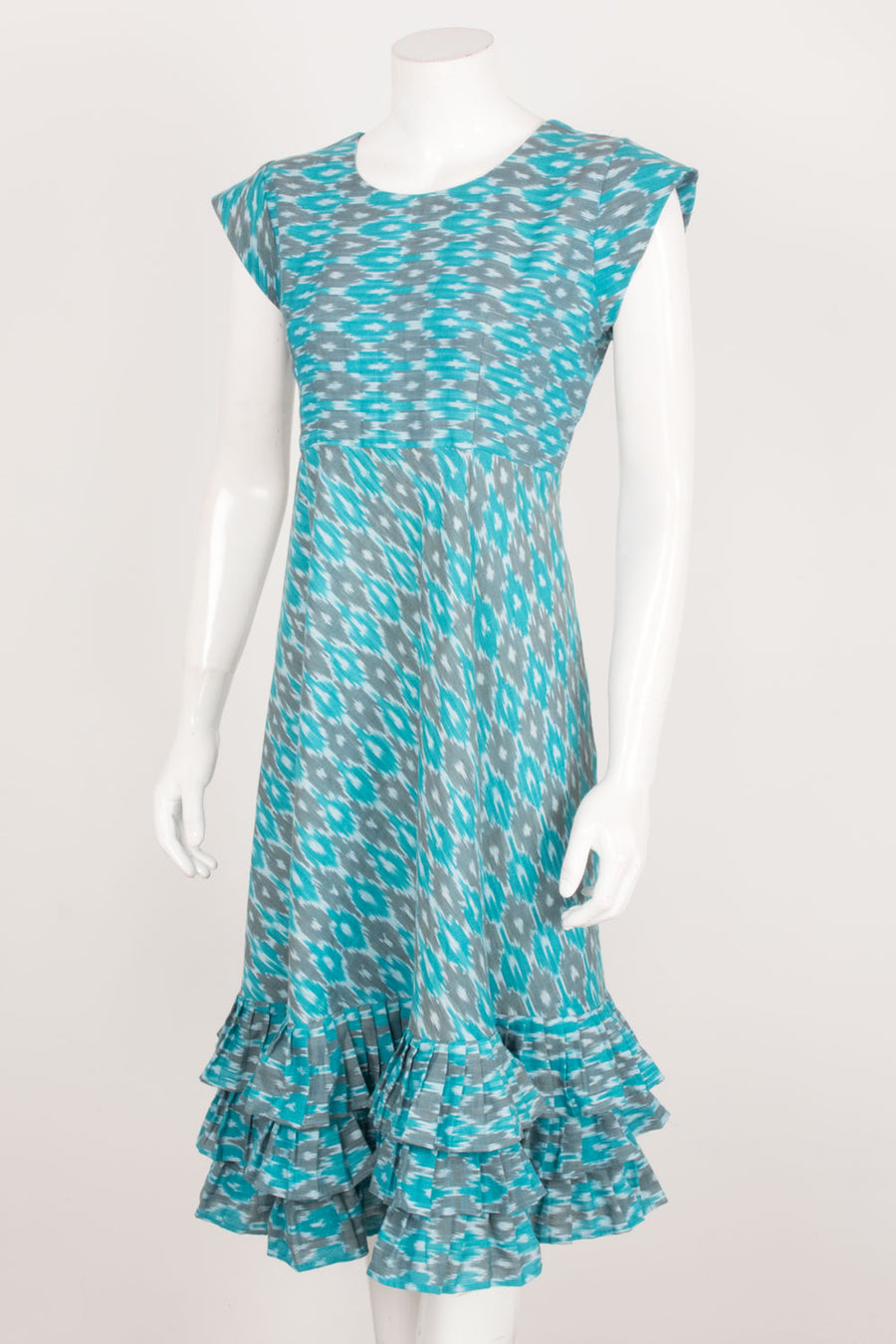 Handloom Ikat A-line Cotton dress with Ruffled Hemline, Cap Sleeve and Back Zip