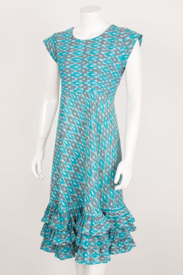Handloom Ikat A-line Cotton dress with Ruffled Hemline, Cap Sleeve and Back Zip