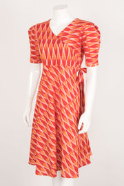 Handloom Ikat A-line Yoke Overlap Cotton dress with Bow and Box Pleat Elbow Sleeve