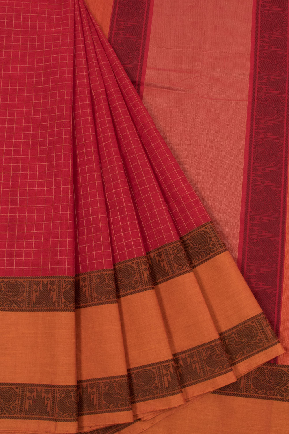 Handloom Kanchi Cotton Saree with Check Design and Peacock Border