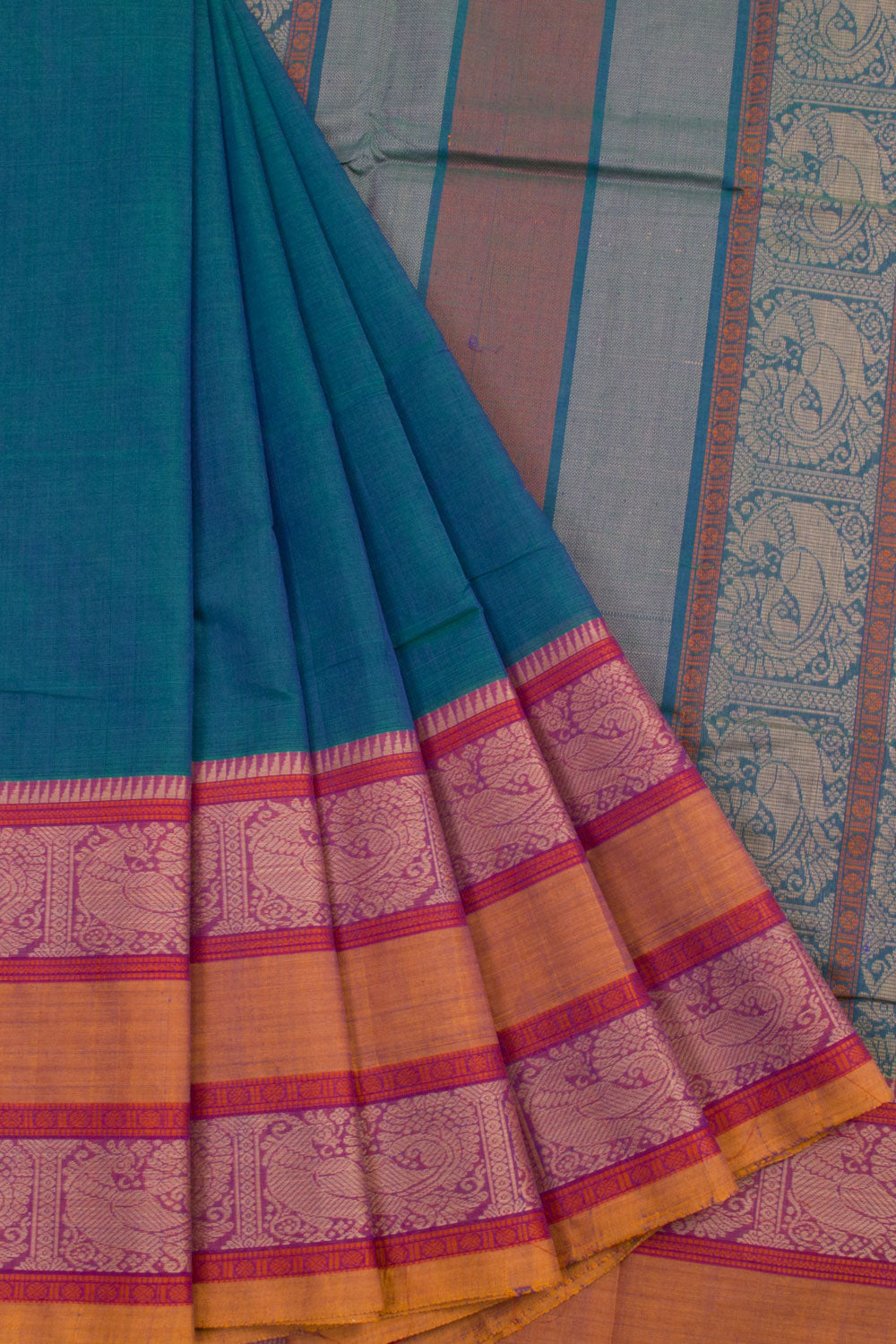 Handwoven Kanchi Cotton Saree with Peacock Border