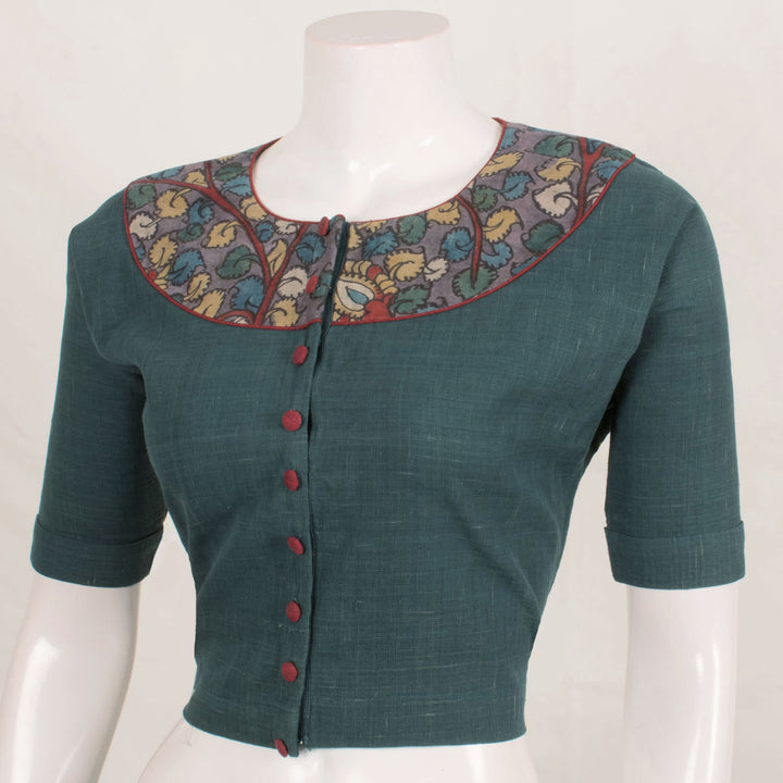 Handcrafted Khadi Cotton Blouse with Kalamkari Yoke and Contrast Buttons
