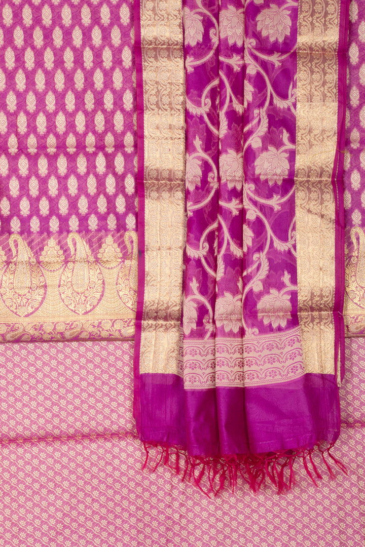 Banarasi Katrua Cotton 3-Piece Salwar Suit Material with Floral and Paisley Motifs with tassels in Dupatta