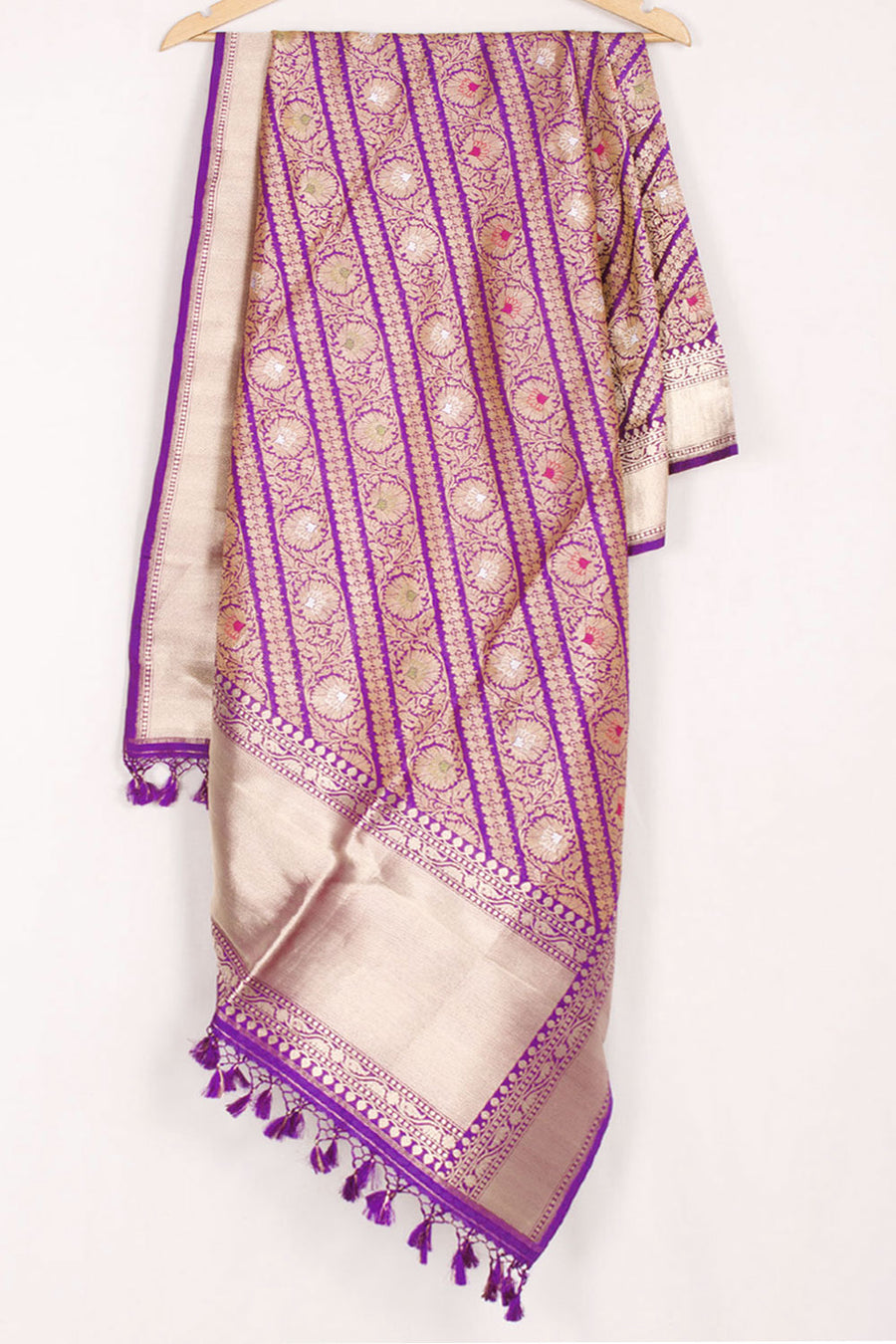 Handloom Banarasi Brocade Silk Dupatta with Zari Border and Floral Design