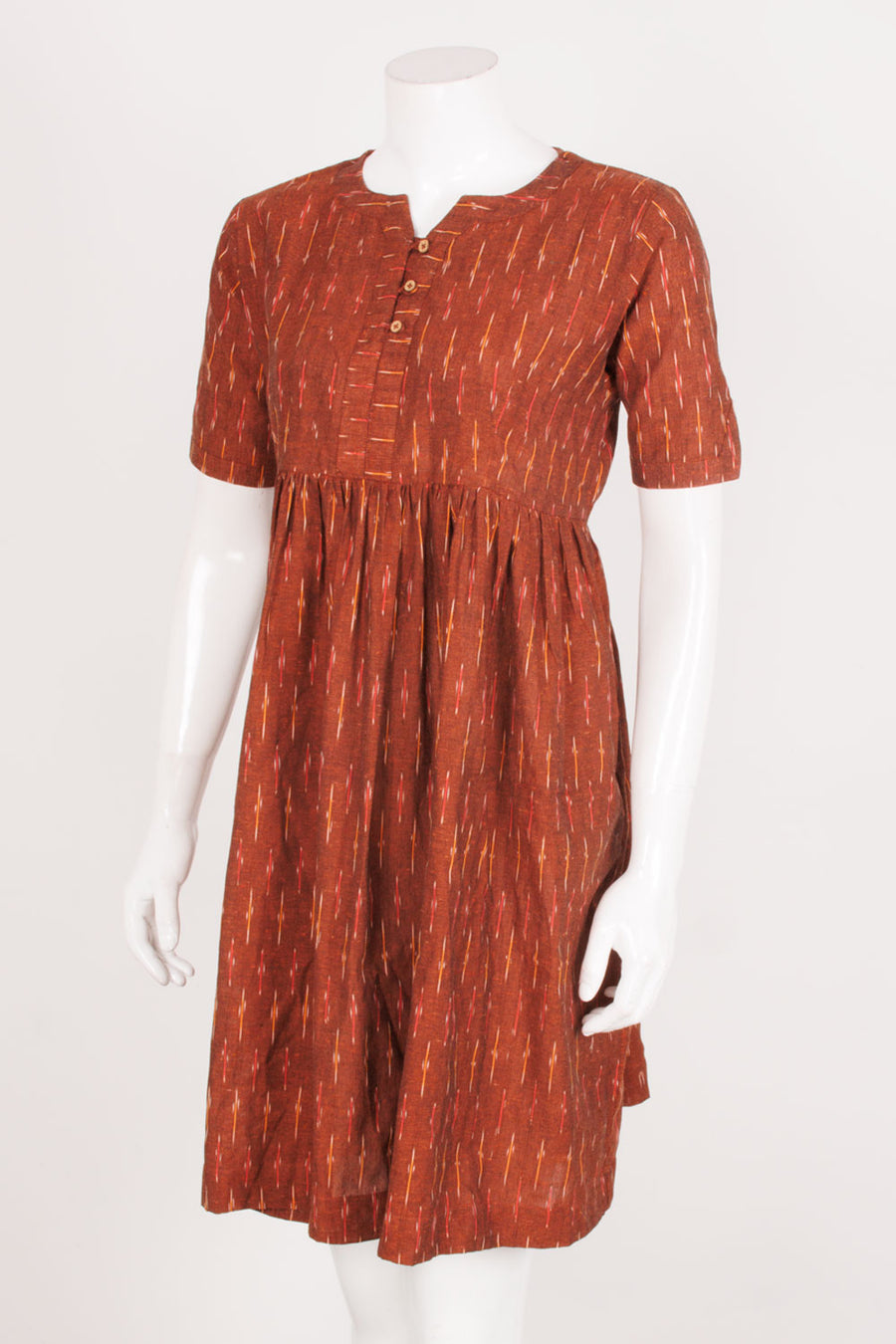 Handloom Ikat A-line Cotton dress with gathers, Elbow sleeve and with Pocket
