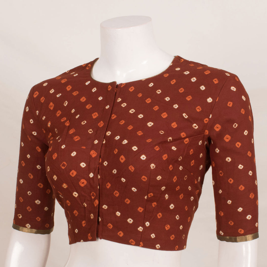 Handcrafted Bandhani Cotton Blouse with Zari Patti Sleeves and Printed Square Patch Work Back 