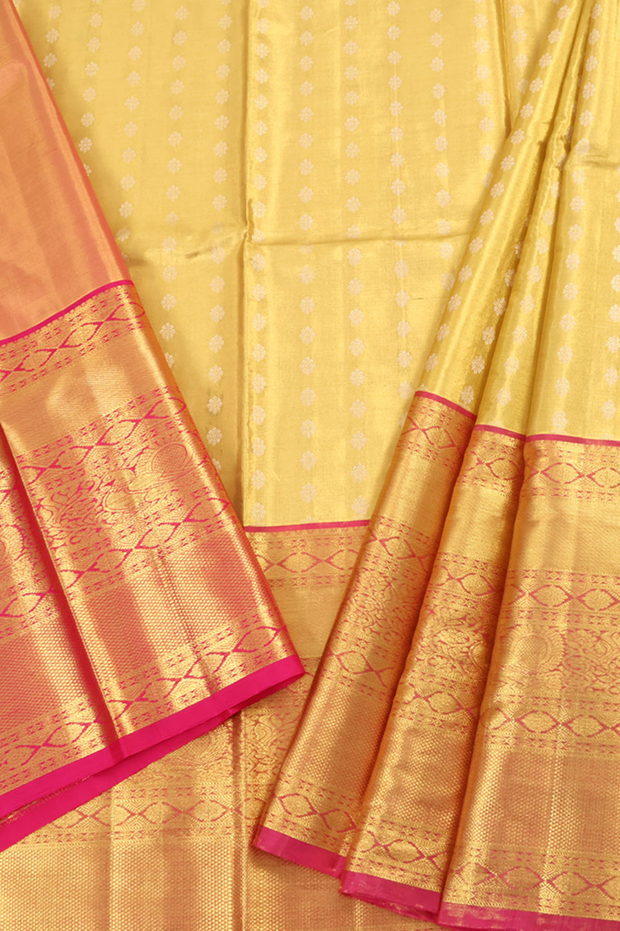 Universal Size Kanjivaram Tissue Silk Pattu Pavadai Material with Silver Zari Floral Motifs and Peacock Border
