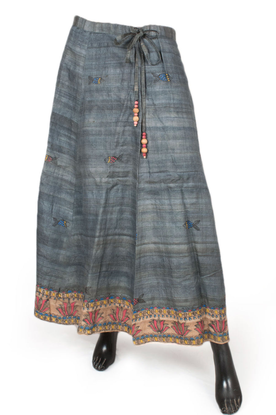 Hand Painted Madhubani Bhagalpur Tussar Silk Skirt with Fish Motifs