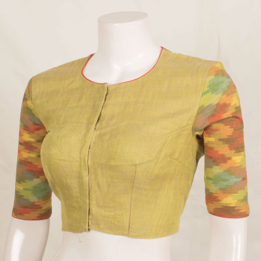 Handcrafted Linen Blouse with Ikat Sleeve and Contrast Piping