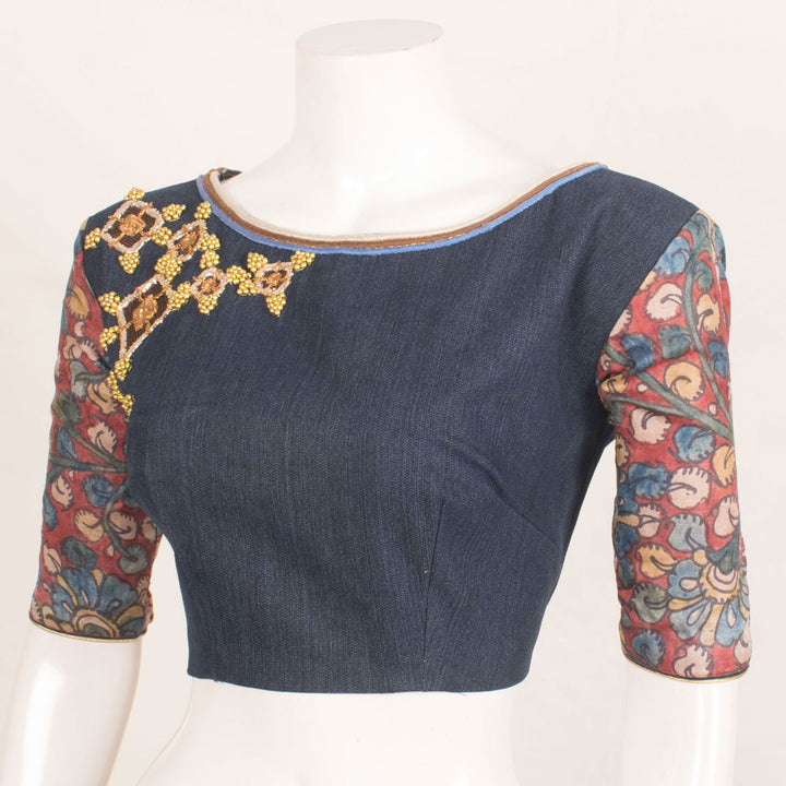 Handcrafted Denim Finish Cotton Blouse with Single Side Shoulder Embroidered and Kalamkari Sleeves and Tricolour Piping 