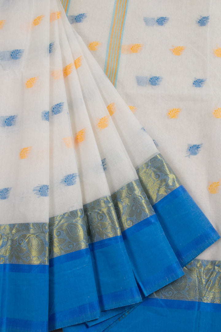 Handwoven Bengal Tant Cotton Saree with Floral Motifs and Floral stripes Design Pallu