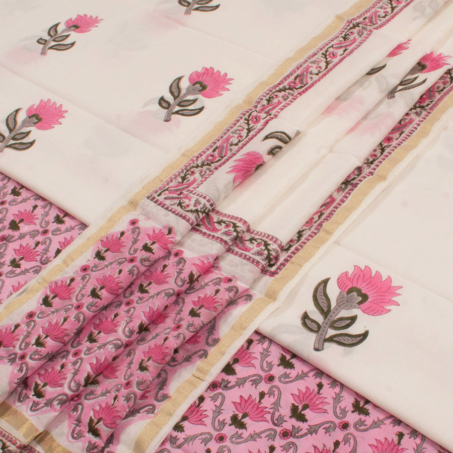 Hand Block Printed Cotton 3-Piece Salwar Suit Material with Chanderi Dupatta