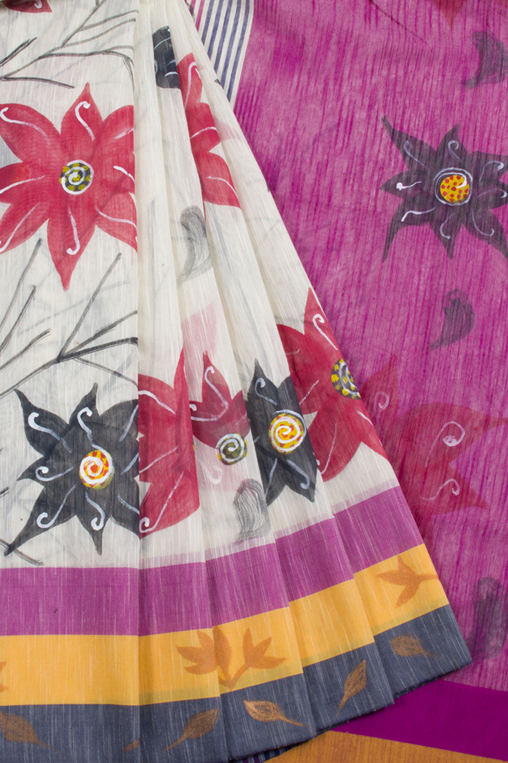 Handloom Bengal Cotton Saree With Hand Painted Floral Motifs Multi Colour Border
