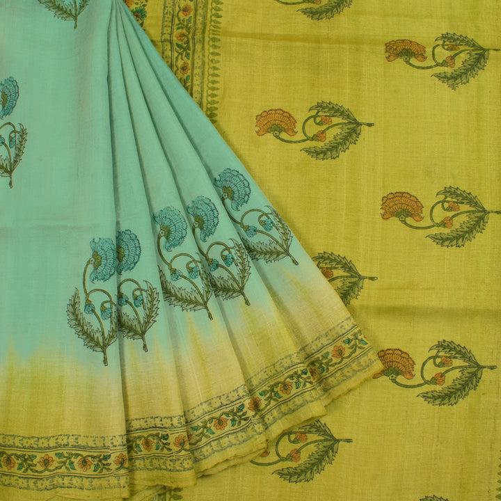Hand Block Printed and Ombre Dyed Tussar Silk Saree 10055772