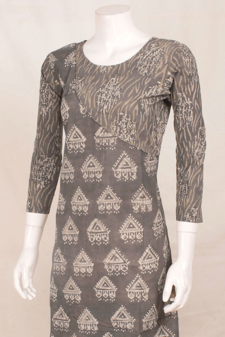 Dabu Printed Cotton Kurta with Geometric Design and Side Zip 