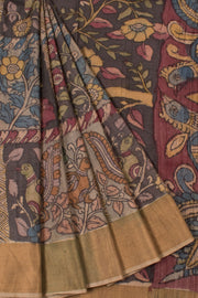 Hand Painted Pen Kalamkari Tussar Silk Saree with Floral, Bird Motifs and Zari Border