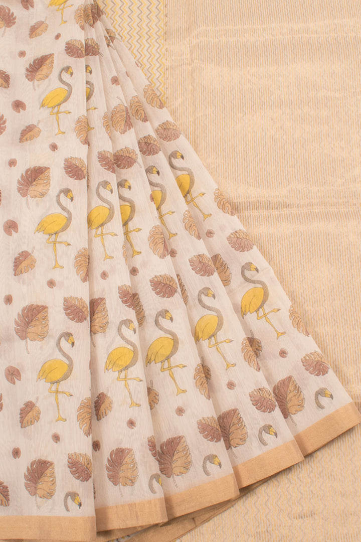 Hand Printed Chanderi Silk Cotton Saree with Flamingo Motifs