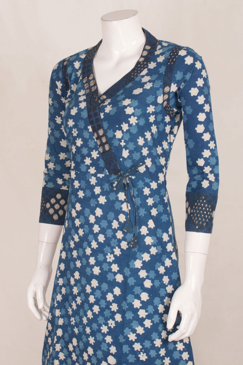Dabu Printed Cotton Dress with Floral Motifs and Side Zip