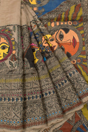 Hand Painted Madhubani Bhagalpur Tussar Silk Saree with Fish Motifs 