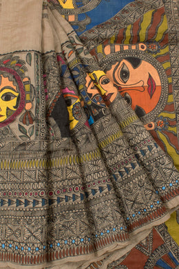Hand Painted Madhubani Bhagalpur Tussar Silk Saree with Fish Motifs 