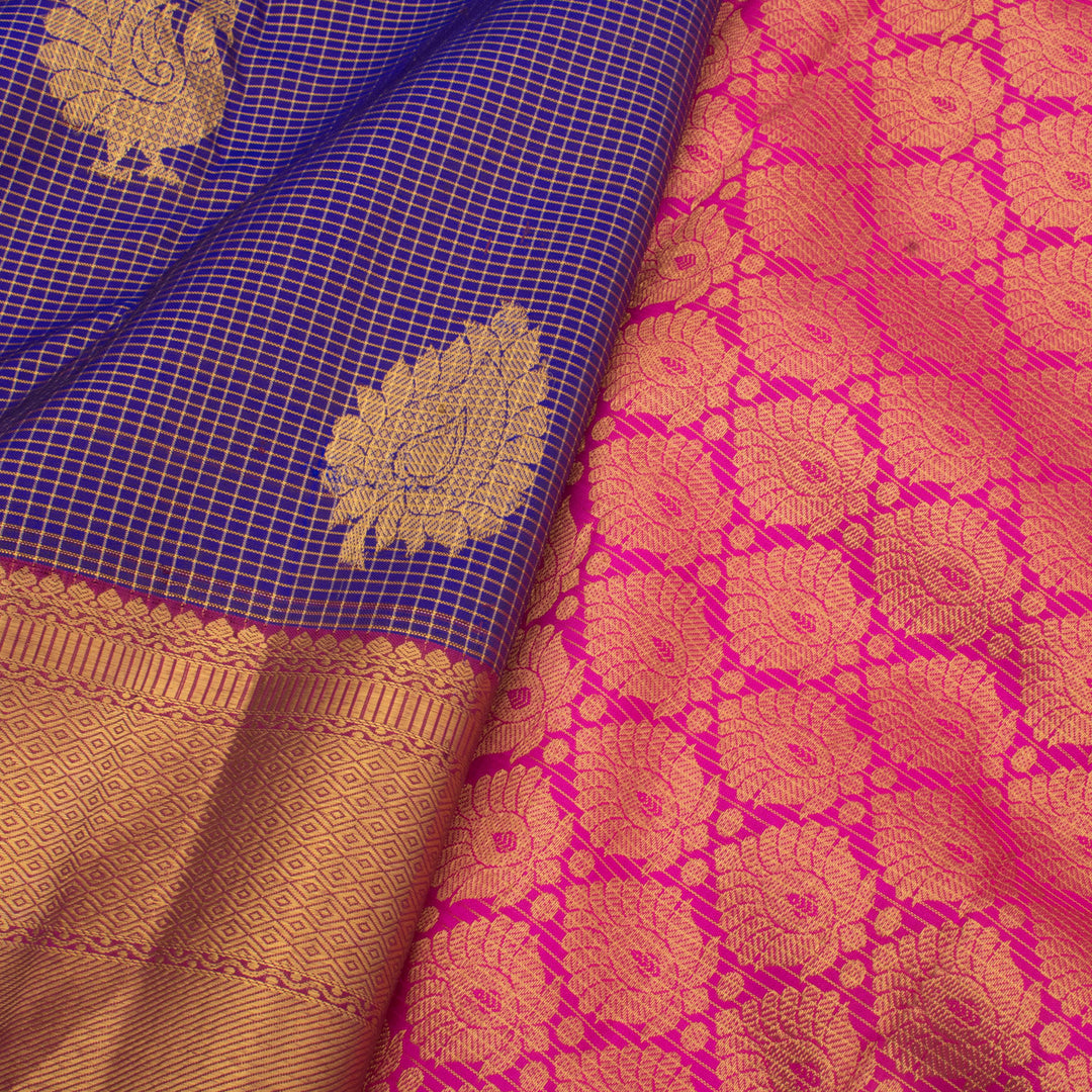 Handloom Pure Zari Kanjivaram Silk Saree with Floral Motifs Checks Design and Kuyil Kann Bavanji Border 