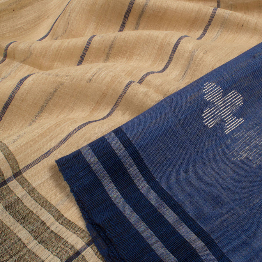 Handwoven and Handspun Tussar Cotton Saree with Stripes Design and Jamdani Pallu