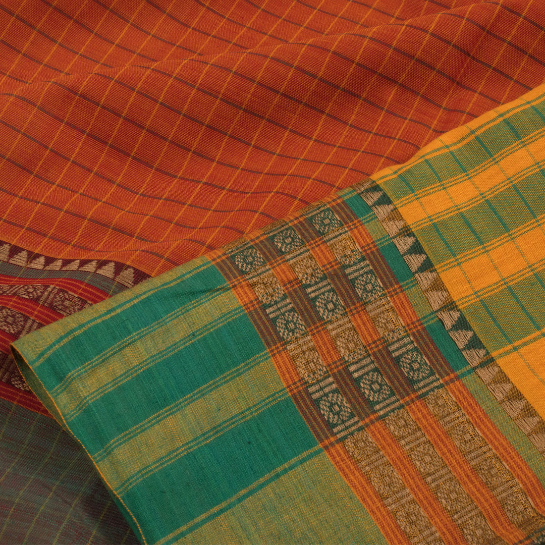 Handwoven Narayanpet Cotton Saree with Checks Design and Rudhraksh Temple Border