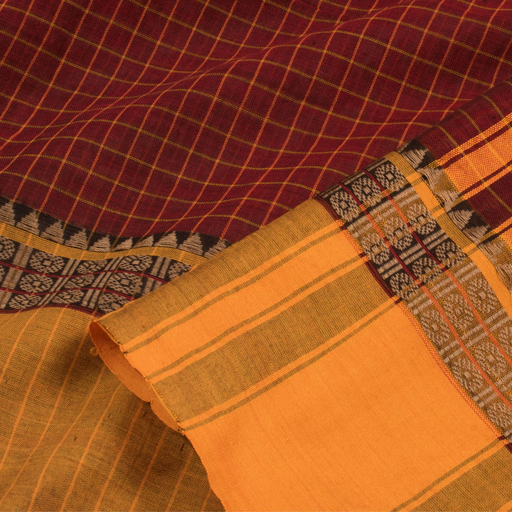 Handwoven Narayanpet Cotton Saree with Checks Design and Temple Design Rudraksh Motif Border